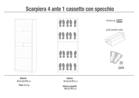 Scarpiera 4 Ante con Specchio 1 Cassetto 63x164x29 cm Bianco Fiammato