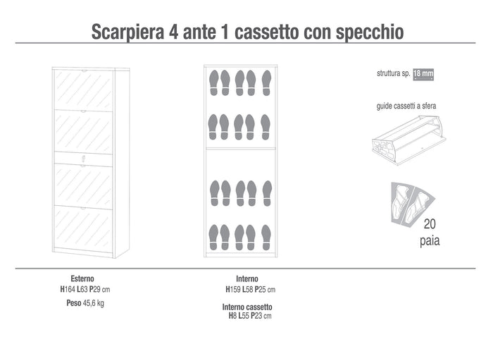 Scarpiera 4 Ante con Specchio 1 Cassetto 63x164x29 cm Ossido Bianco