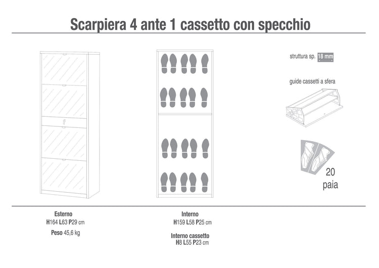 Scarpiera 4 Ante con Specchio 1 Cassetto 63x164x29 cm Ossido Bianco