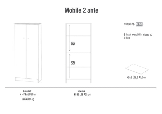 Mobile 2 Ante 62x147x34 cm Eucalipto