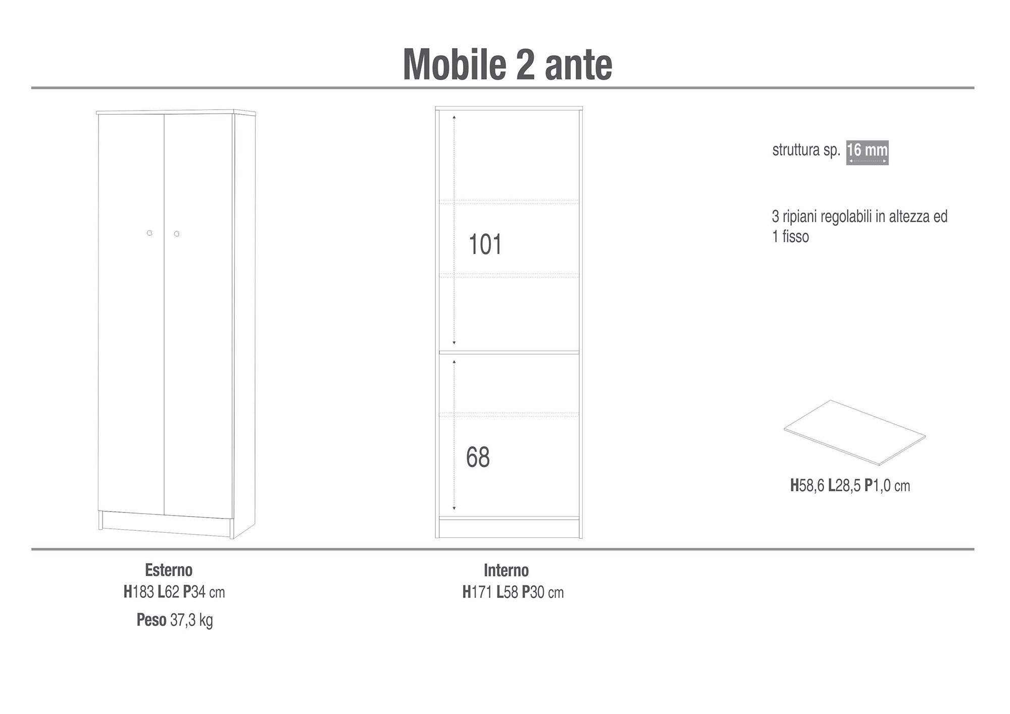 Mobile 2 Ante 62x182x34 cm Olmo Chiaro