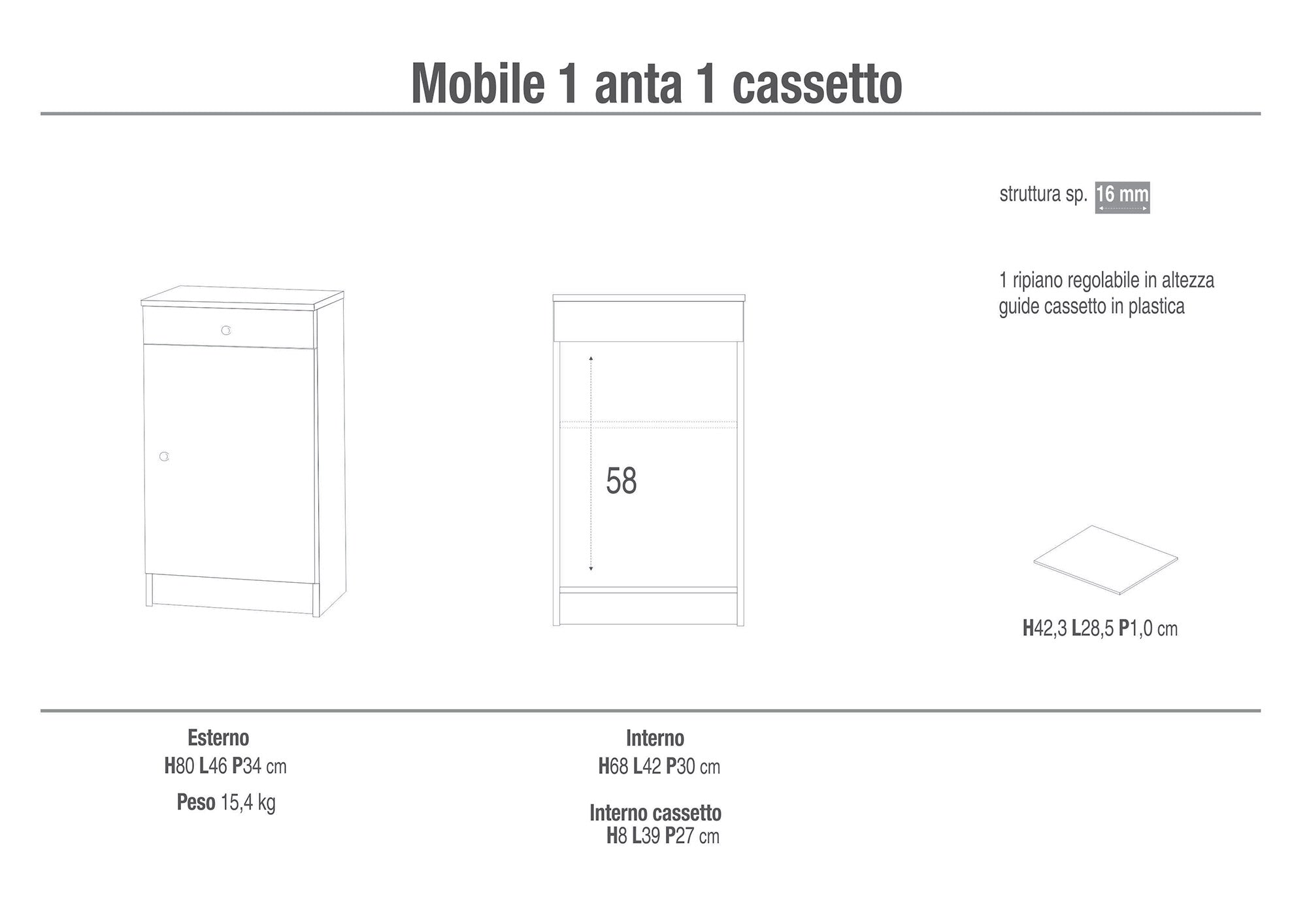 Mobile 1 Ante 1 Cassetto 46x80x34 cm Bianco Lisco