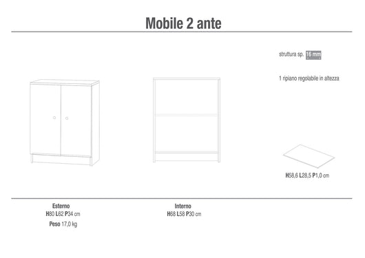 Mobile 2 Ante 62x80x34 cm Bianco Lisco