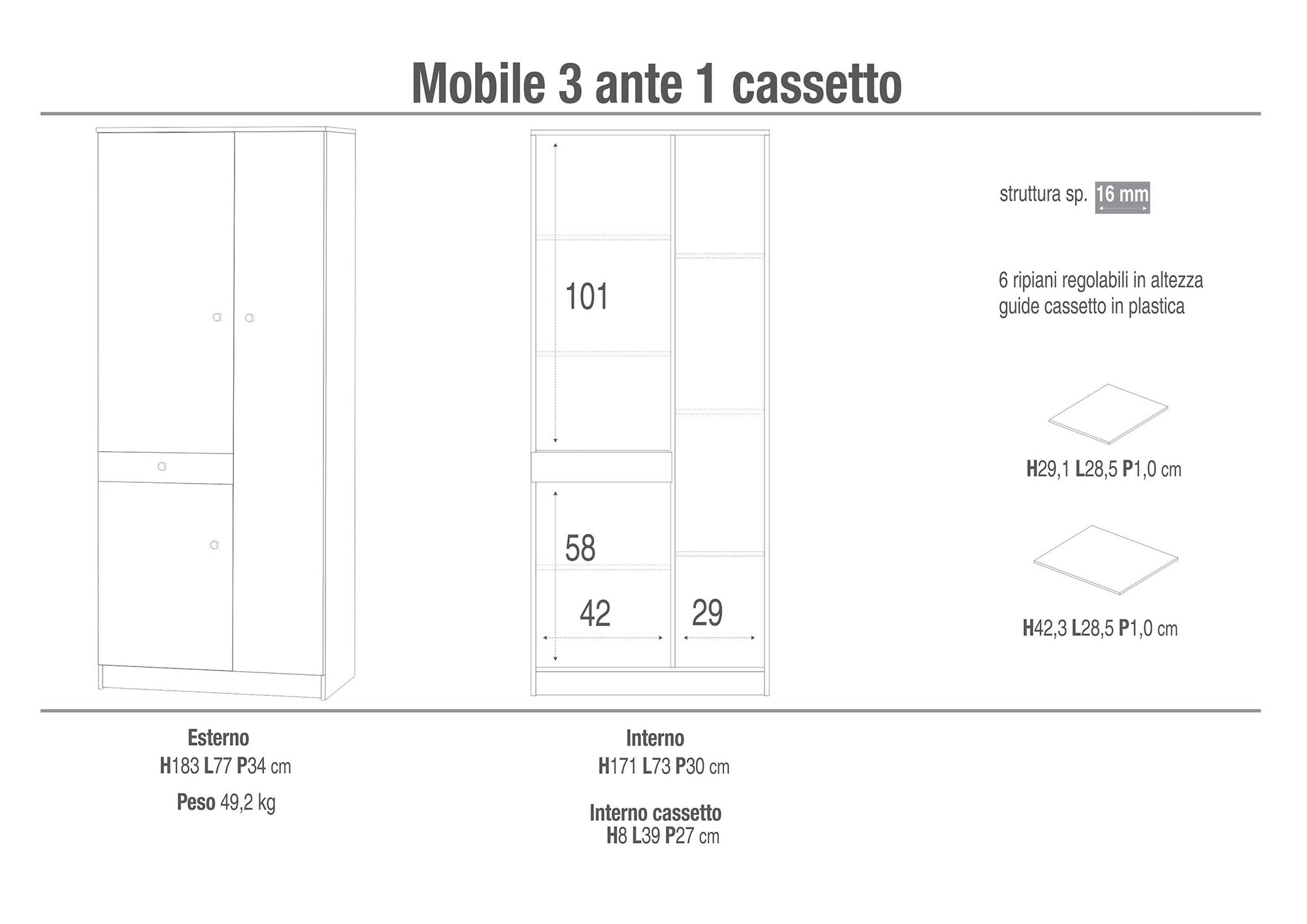 Armadio 3 Ante 1 Cassetto 77x183x34 cm Olmo Chiaro