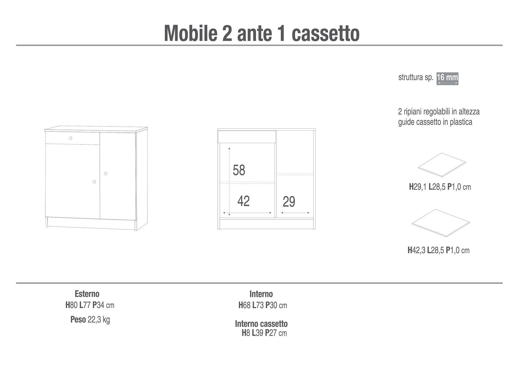 Mobile 2 Ante 1 Cassetto 77x80x34 cm Bianco Lisco