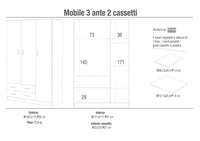 Armadio 3 Ante 2 Cassetti 115x182x52 cm Eucalipto