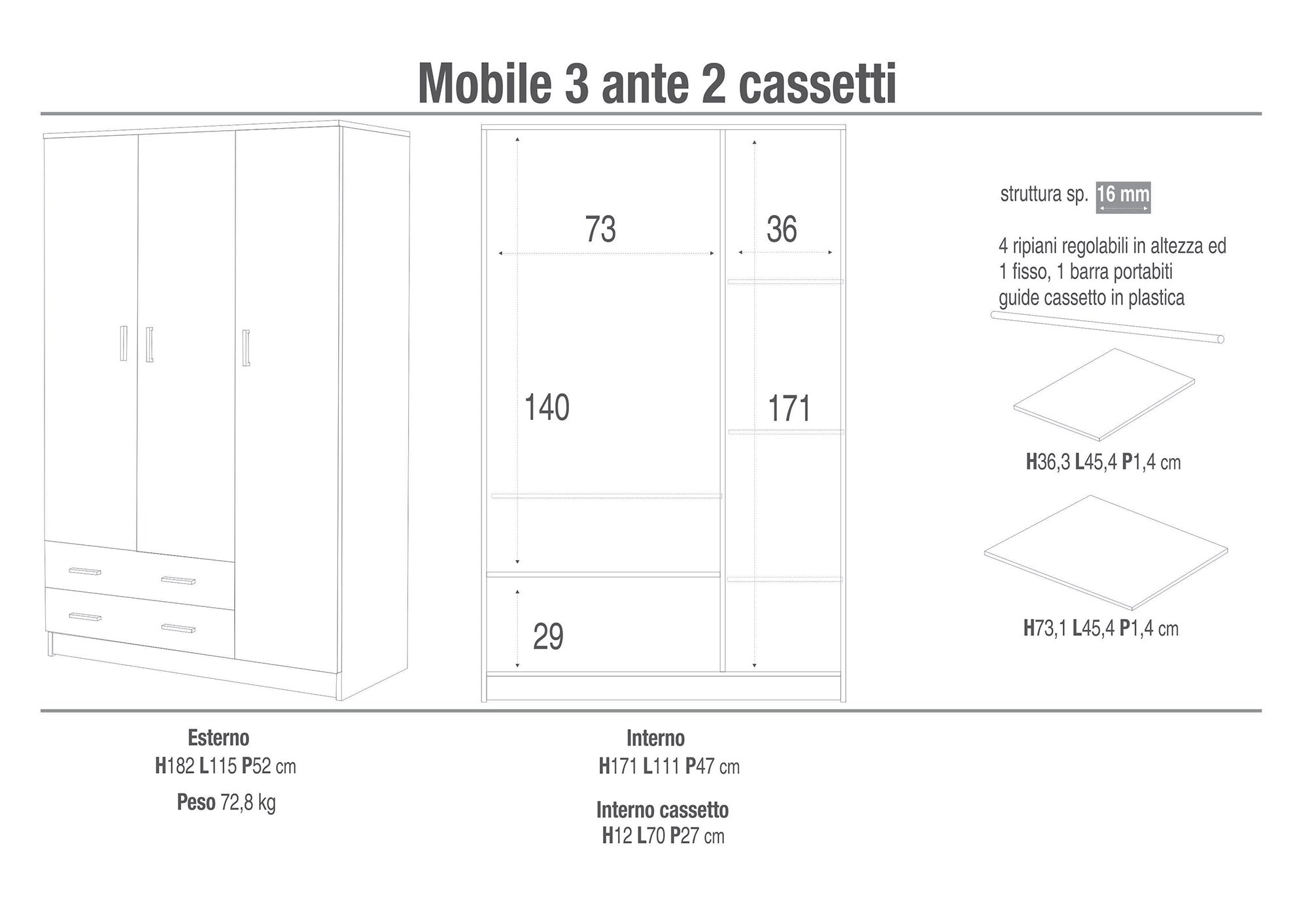 Armadio 3 Ante 2 Cassetti 115x182x52 cm Eucalipto