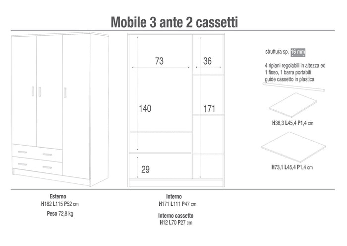 Armadio 3 Ante 2 Cassetti 115x182x52 cm Eucalipto