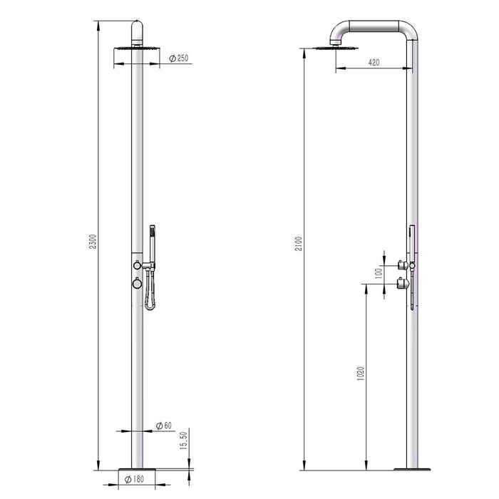 Doccia da Giardino 230x25x54,5 cm con Doccetta Sined Pula Inox