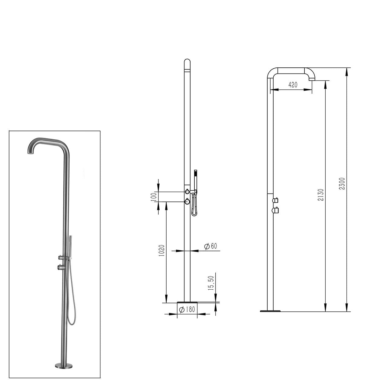 Doccia da Giardino 230x18x42 cm con Miscelatore e Doccetta Sined Chia Inox