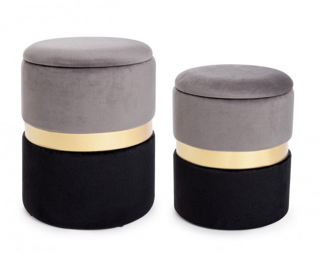 Set 2 Pouf Contenitore Polina Grigio-Nero in Tessuto effetto Velluto