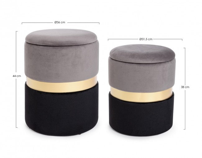 Set 2 Pouf Contenitore Polina Grigio-Nero in Tessuto effetto Velluto