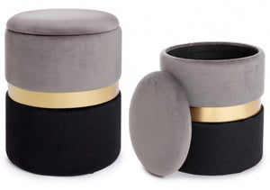 Set 2 Pouf Contenitore Polina Grigio-Nero in Tessuto effetto Velluto