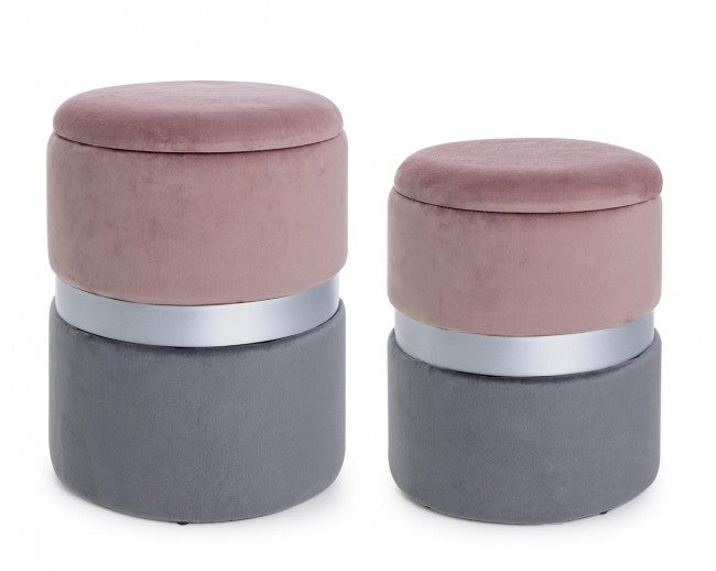 Set 2 Pouf Contenitore Polina Rosa-Grigio in Tessuto effetto Velluto