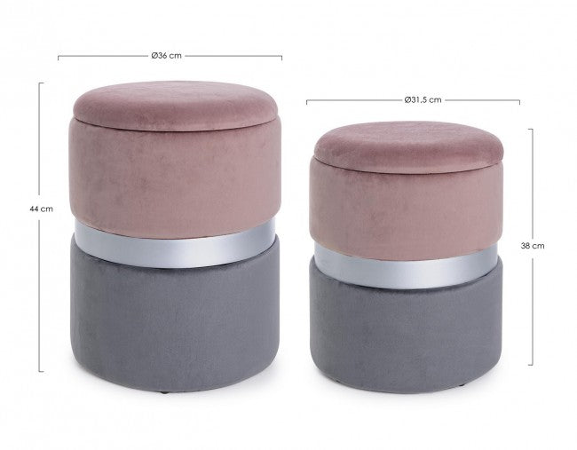 Set 2 Pouf Contenitore Polina Rosa-Grigio in Tessuto effetto Velluto