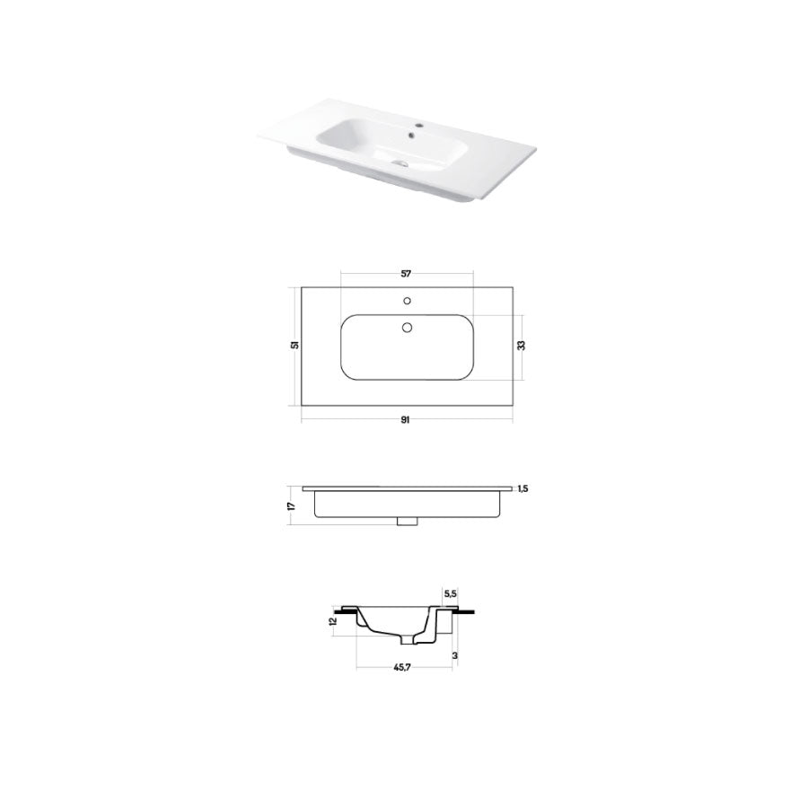 Lavabo a consolle in ceramica bianca lucida serie Qubo Square 51 Disegno-Ceramica 91cm