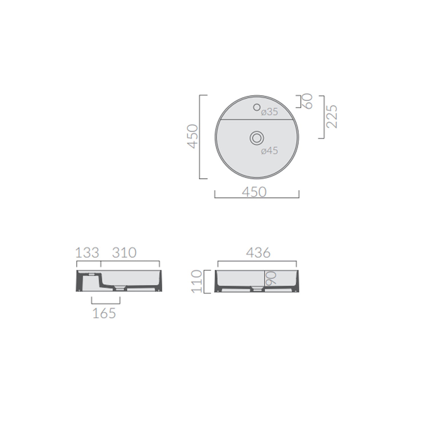 Lavabo tondo da appoggio con piano rubinetteria serie Smart-B di Ceramica Galassia -  Bianco lucido diam. 45cm