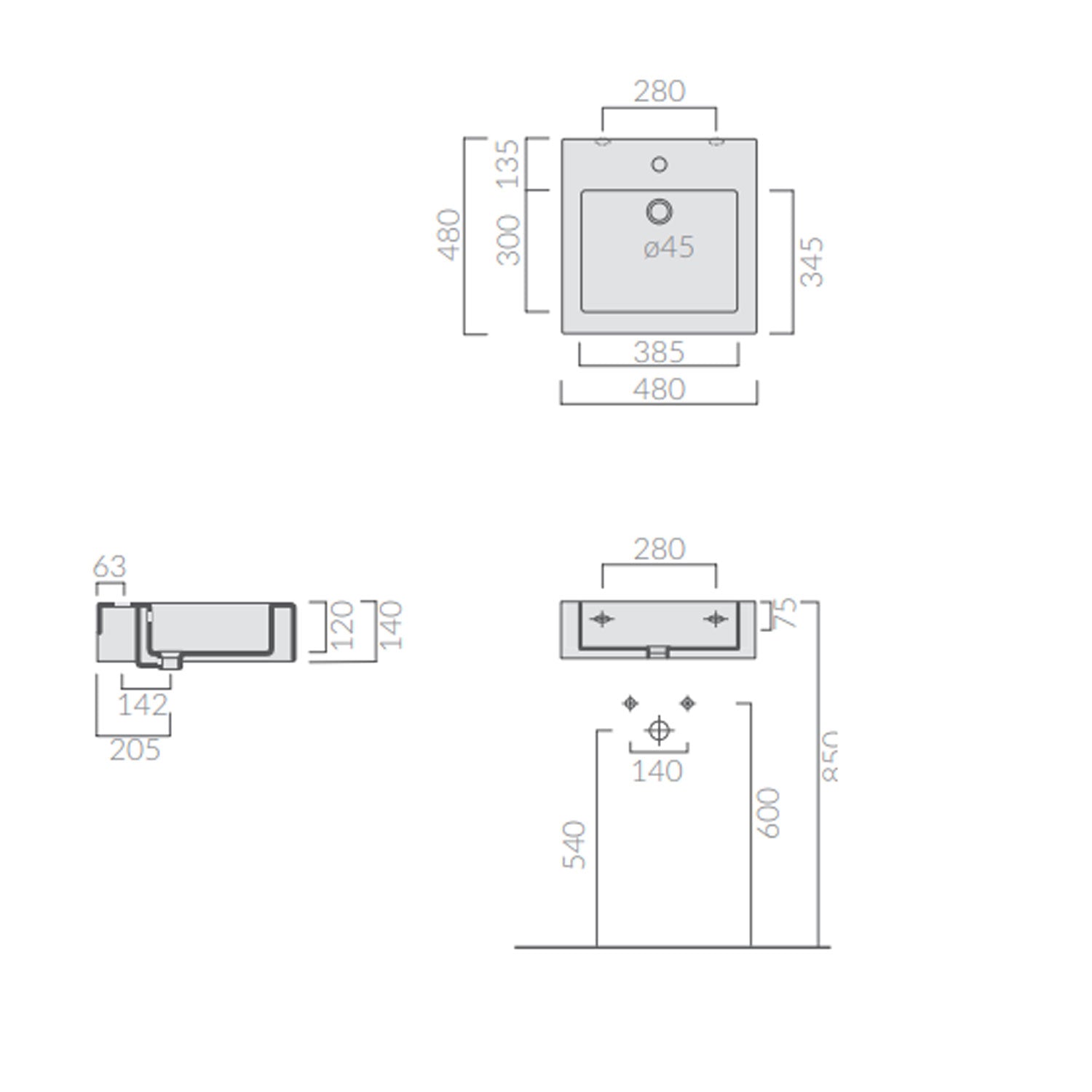 Lavabo quadrato da appoggio/sospeso serie Plus Design di Ceramica Galassia -  Bianco lucido 48x48cm