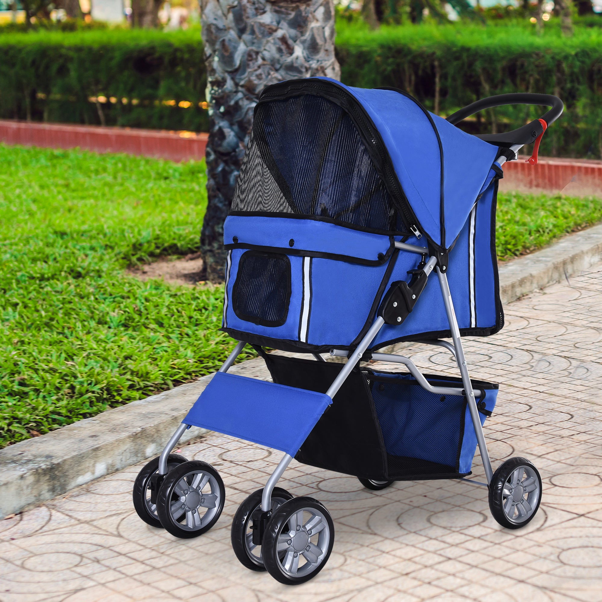 Passeggino per Cani Pieghevole 75x45x97 cm in Tessuto con Cestino e Portabicchieri Blu