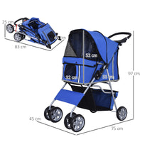 Passeggino per Cani Pieghevole 75x45x97 cm in Tessuto con Cestino e Portabicchieri Blu