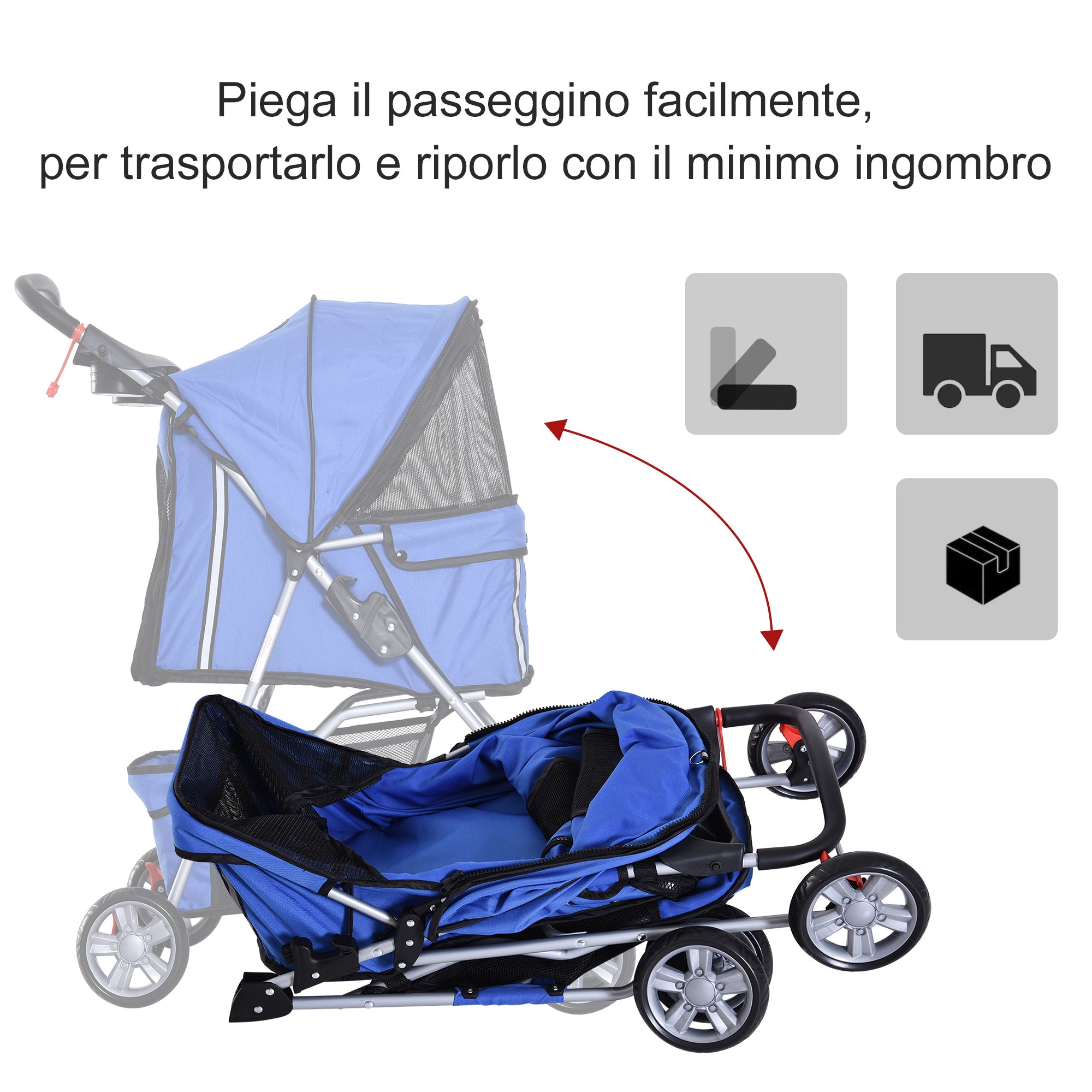 Passeggino per Cani Pieghevole 75x45x97 cm in Tessuto con Cestino e Portabicchieri Blu