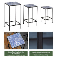 Set 3 Portapiante con Superficie in Piastrelle di Ceramica per Giardino e Balcone in Metallo Blu e Nero