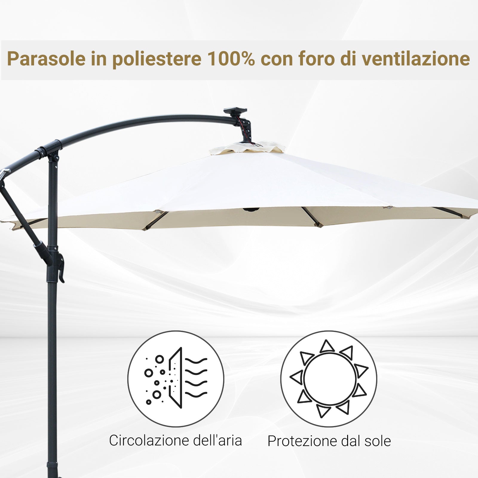 Ombrellone da Giardino Decentrato Ø2,95m con Led a Energia Solare Crema