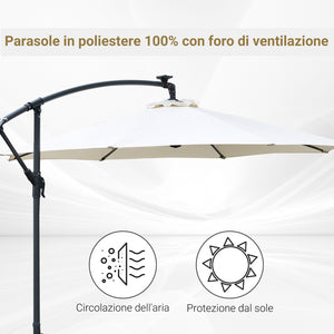 Ombrellone da Giardino Decentrato Ø2,95m con Led a Energia Solare Crema