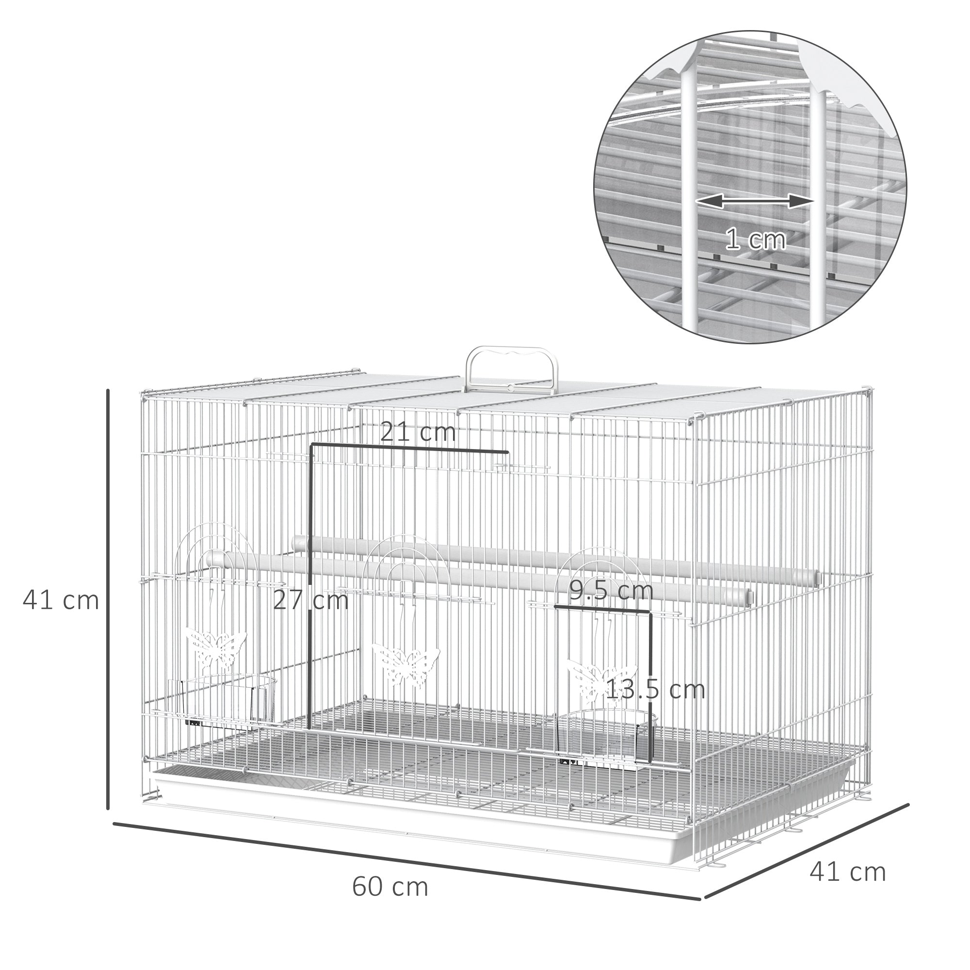 Gabbia per Uccelli con Posatoi Ciotole per Cibo e Maniglia 60x41x41 cm in Metallo Bianco