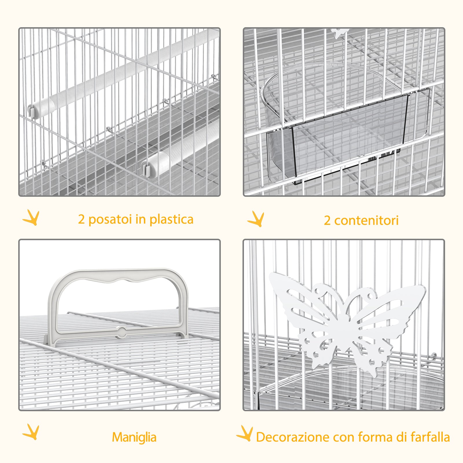 Gabbia per Uccelli con Posatoi Ciotole per Cibo e Maniglia 60x41x41 cm in Metallo Bianco