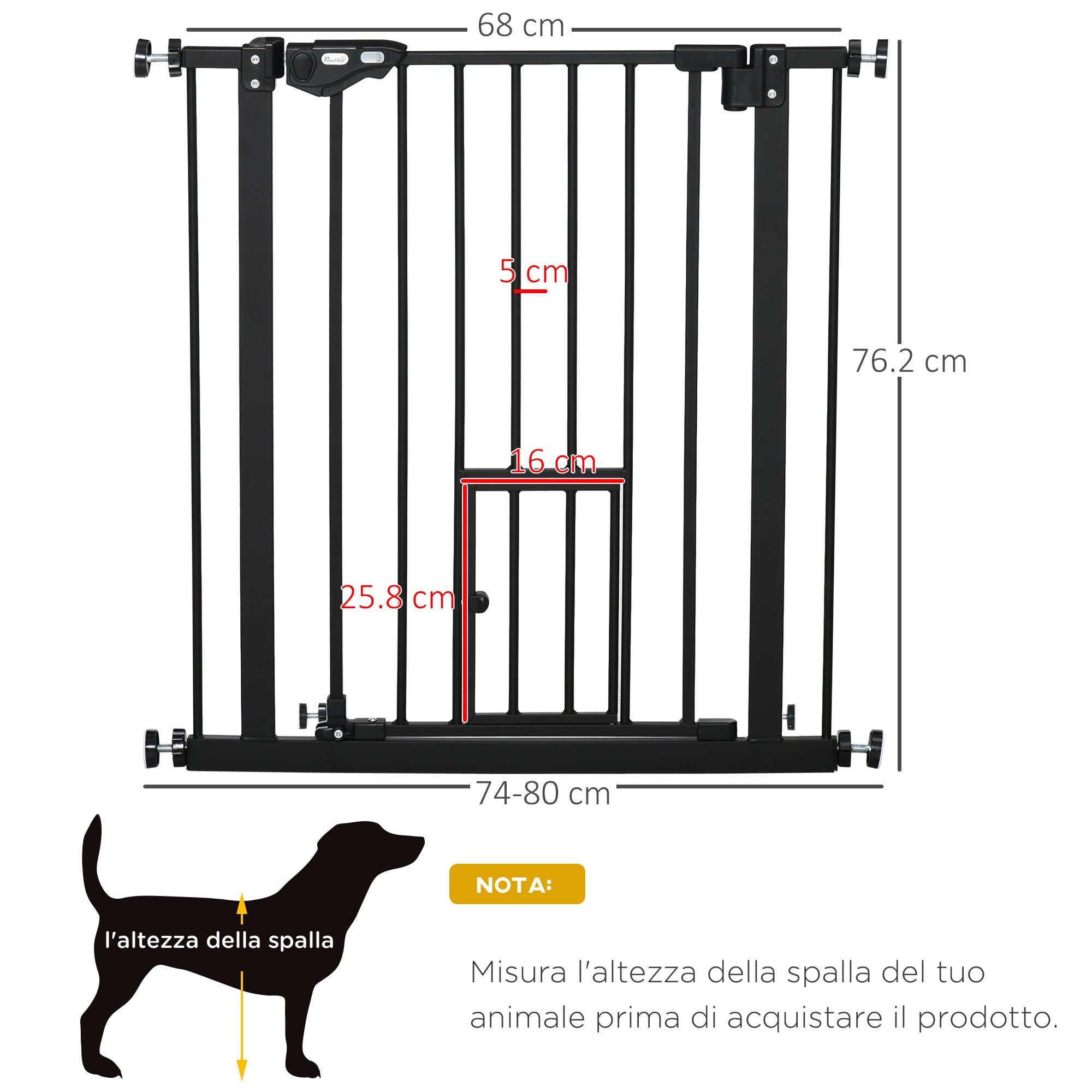 Cancelletto Sicurezza Regolabile per Cani 74-80 cm con Chiusura Automatica Nero