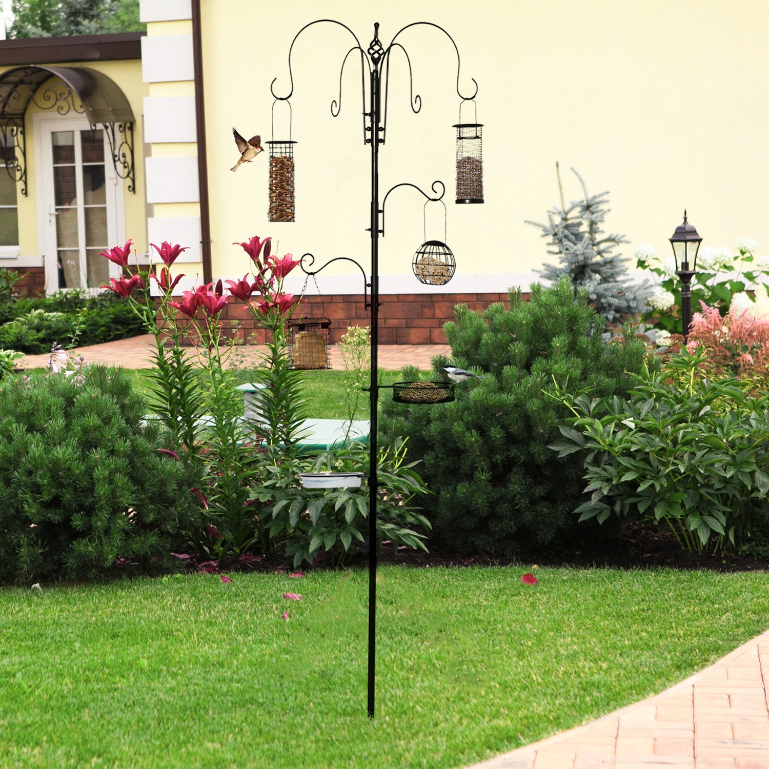 Mangiatoia per Uccelli da Giardino 58x58x226 cm in Acciaio Nero