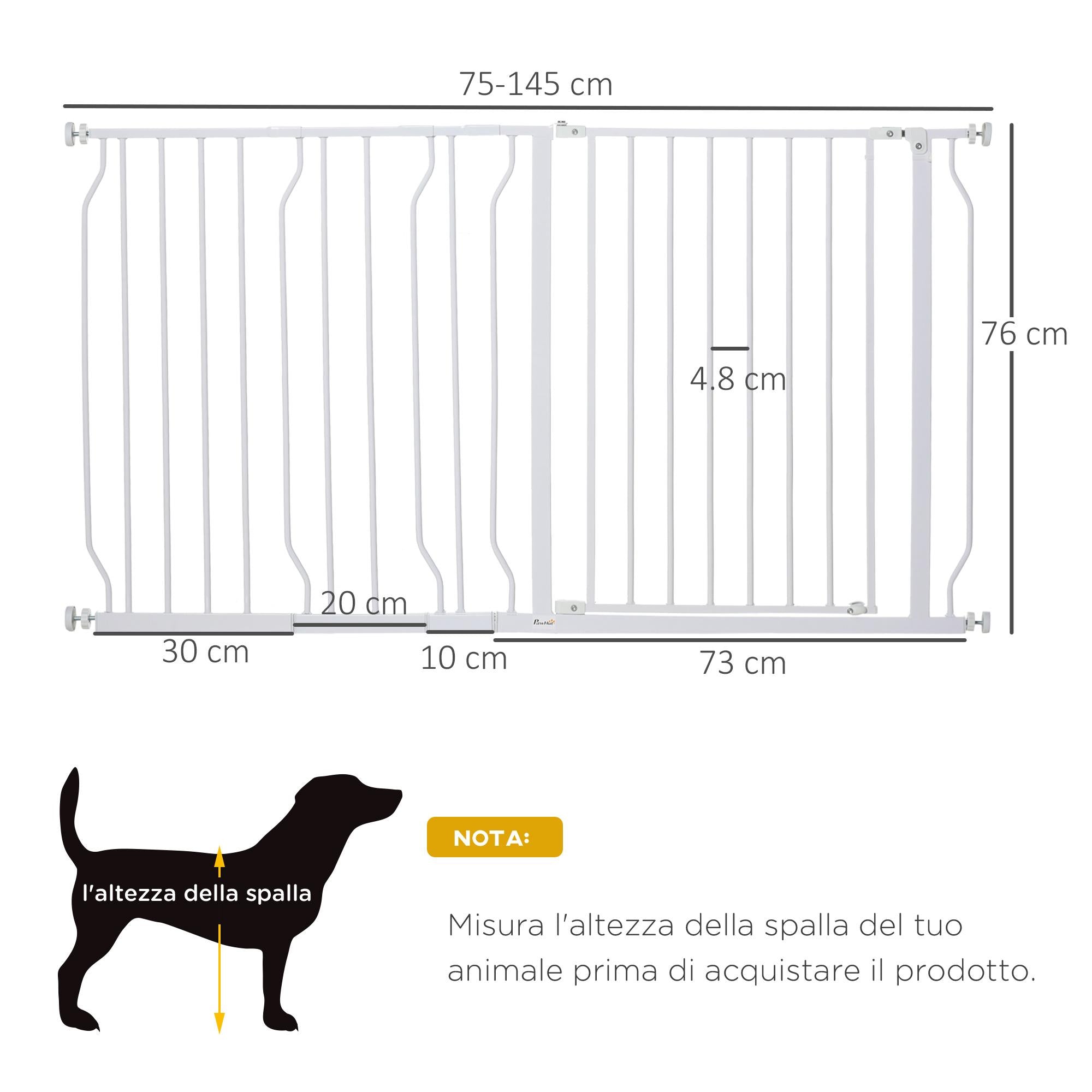 Cancelletto Sicurezza Regolabile per Cani 75-145 cm in Acciaio e ABS Bianco