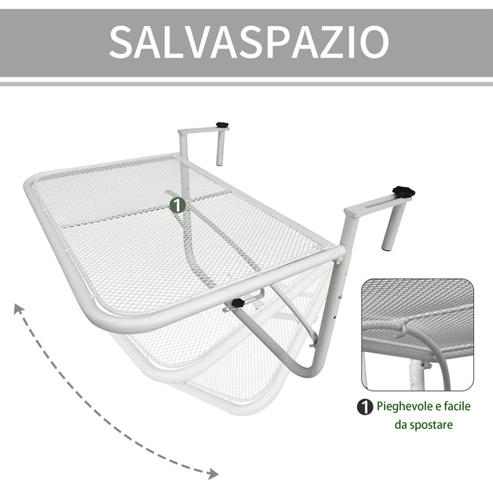 Tavolino Sospeso da Balcone 60x56.5x45 cm Regolabile in Ferro Bianco