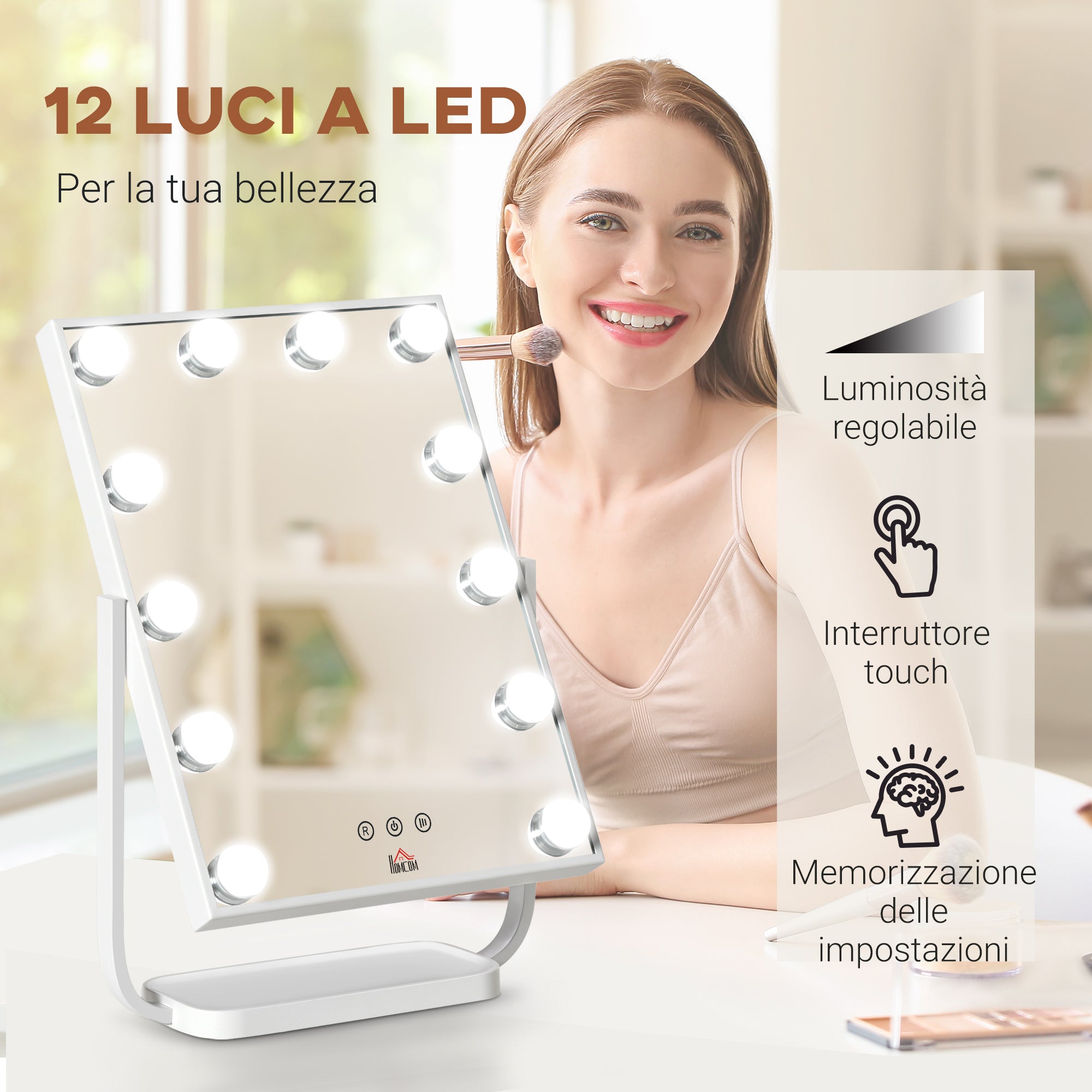 Specchio da Tavolo con LED 32,8x11x47,4 cm per Trucco Make up Bianco