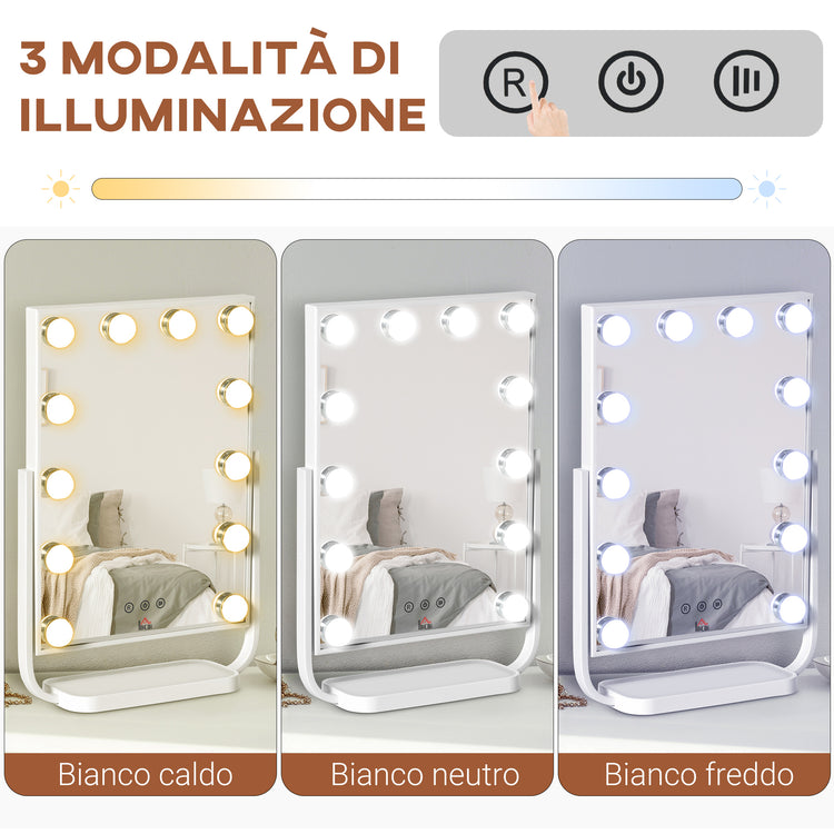 Specchio da Tavolo con LED 32,8x11x47,4 cm per Trucco Make up Bianco