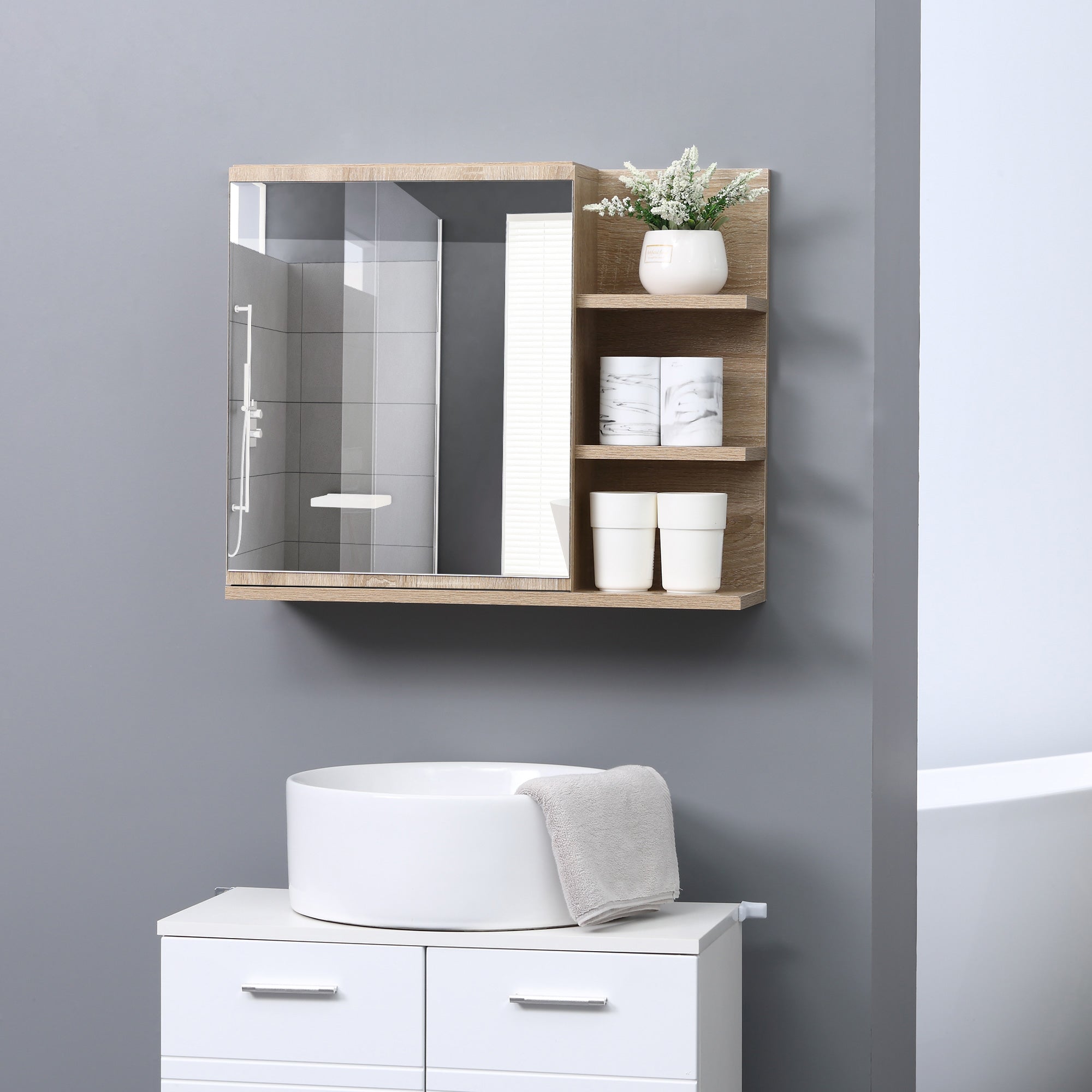 Specchiera Bagno a Parete 60x18x50 cm con Anta e 3 Ripiani Laterali in Legno