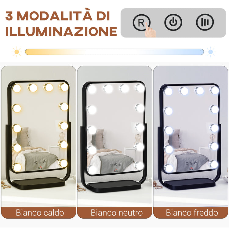 Specchio da Tavolo con LED 32,8x11x47,4 cm per Trucco Make up Nero