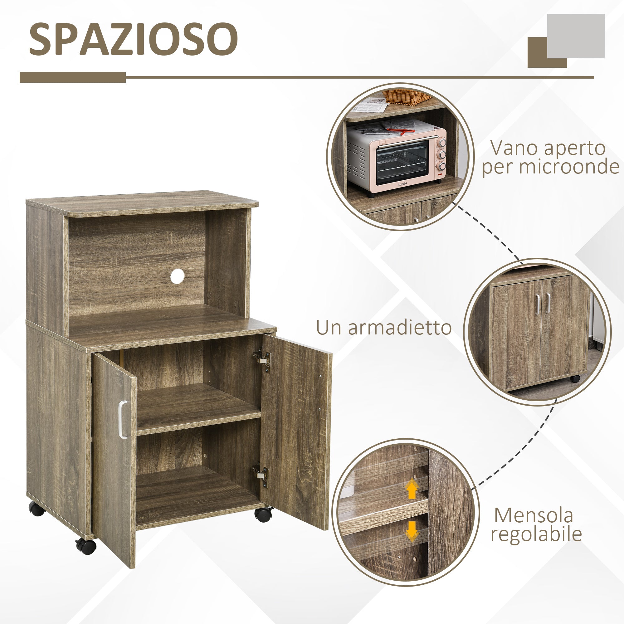 Mobile Cucina Multiuso 60.4x40,3x97 cm con Ripiano per Forno a Microonde Grigio