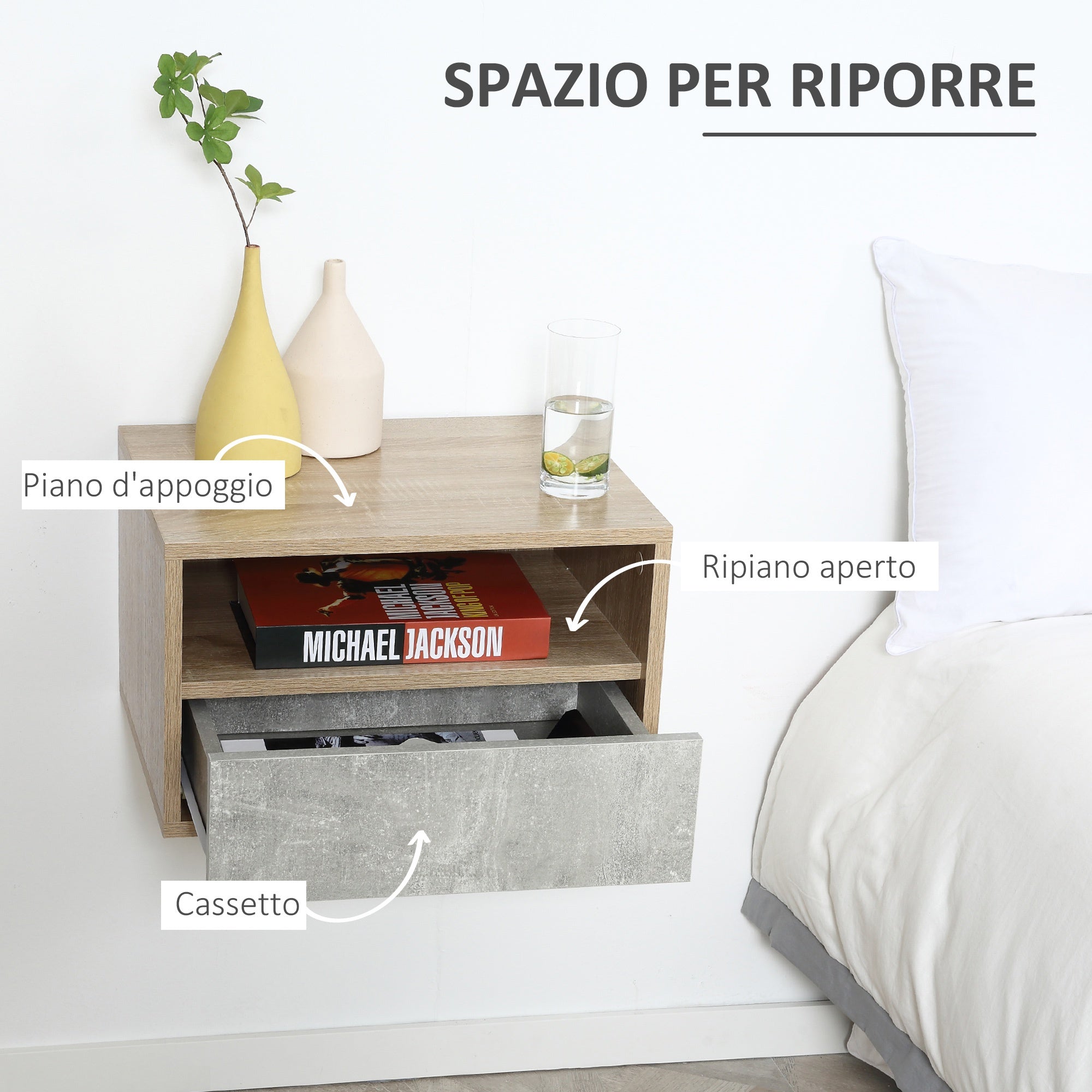 Set 2 Comodini Sospesi 45x35x27,5 cm con Cassetto e Ripiano Grigio