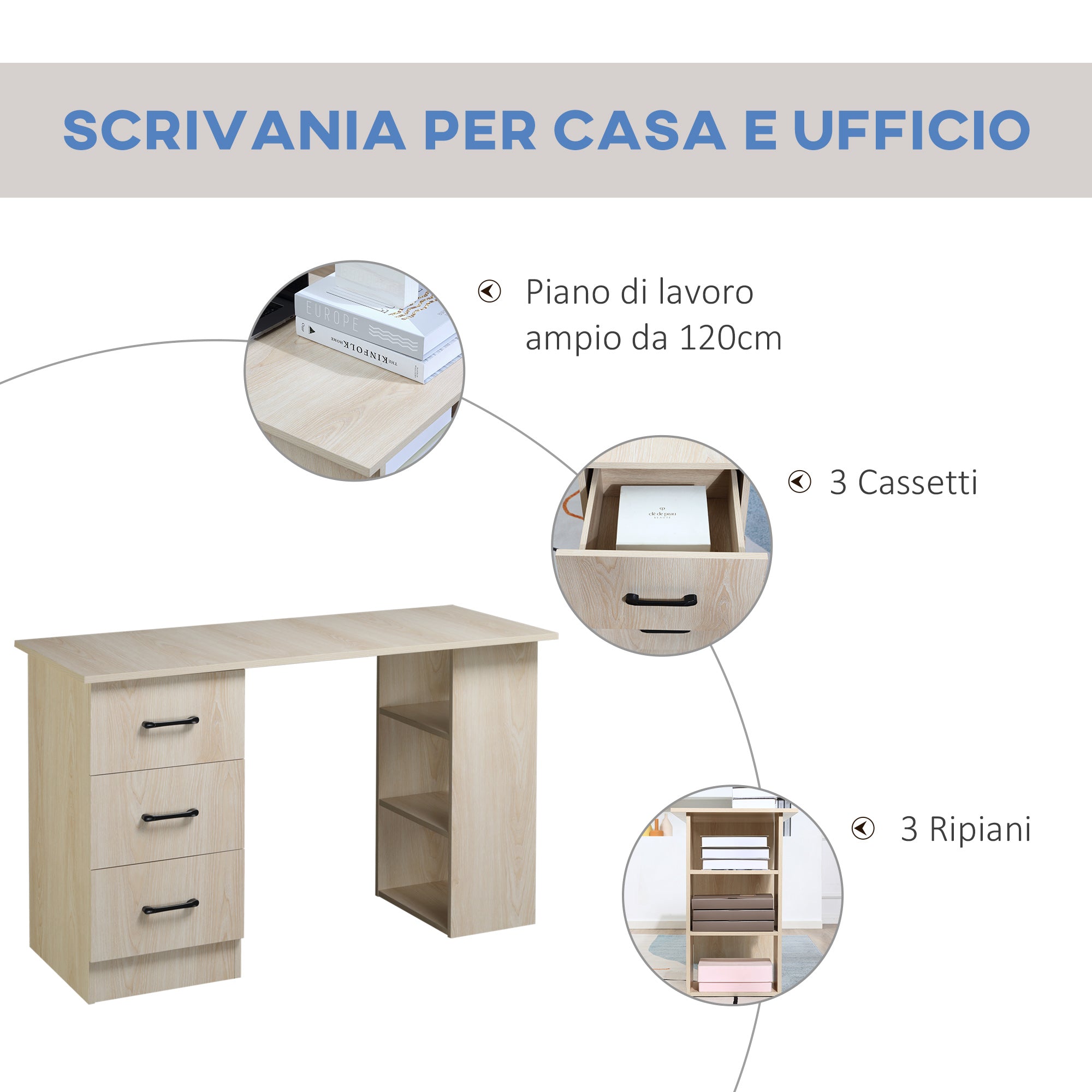 Scrivania da Ufficio 120x49x72 cm 3 Cassetti 3 Scaffali in Legno