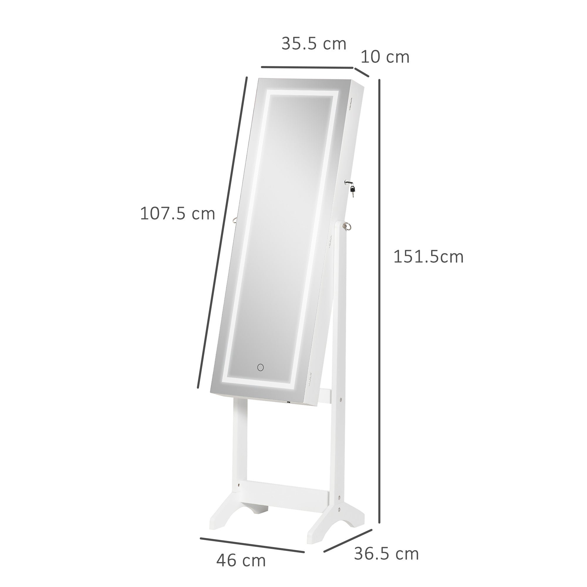 Specchio da Terra Armadio Portagioie  46x36.5x151.5 cm con Luce LED Bianco