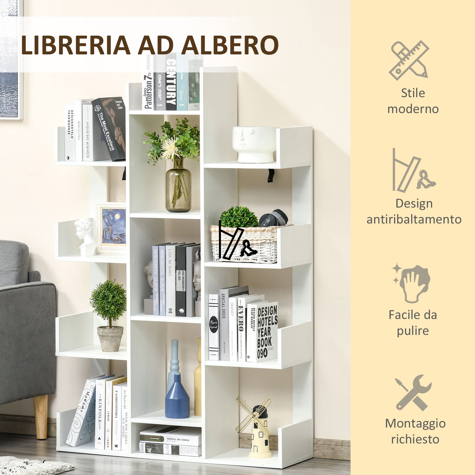 Libreria ad Albero 96x30x150 cm 13 Ripiani Bianco