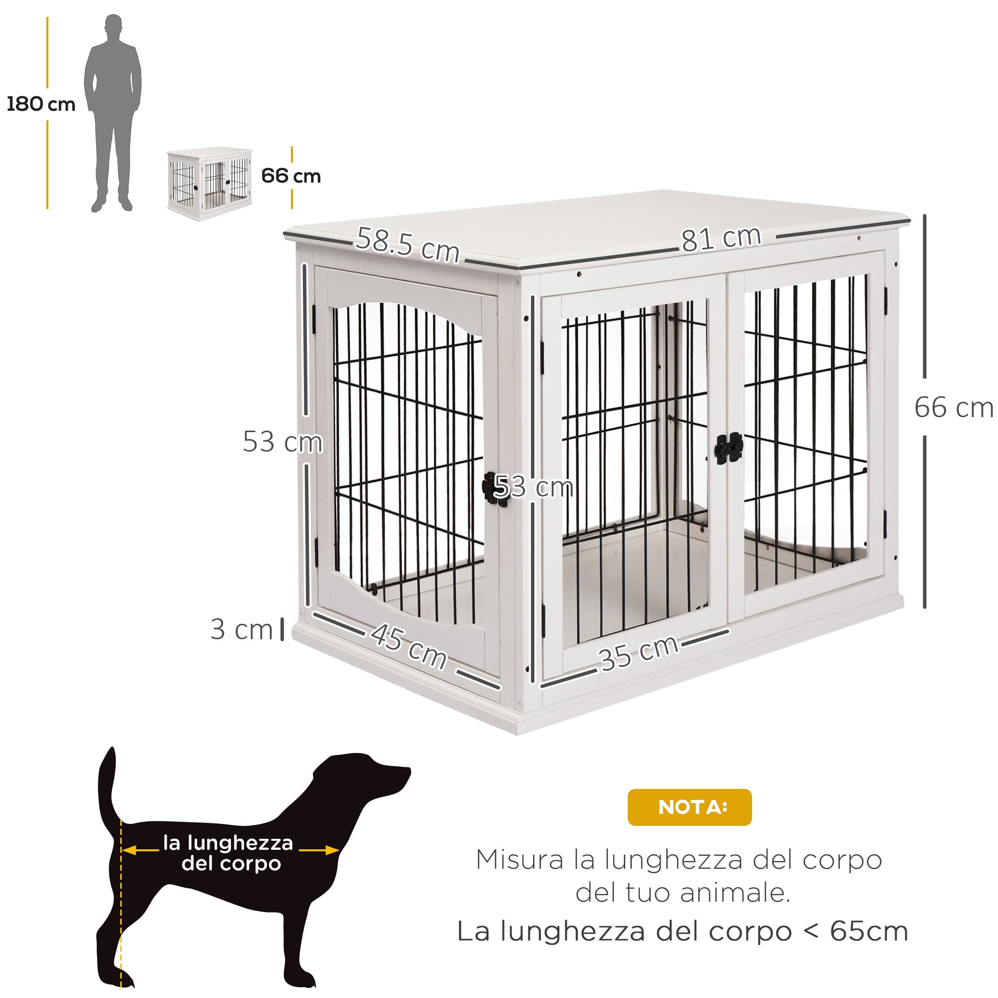 Gabbia per Cani 58,5x81x 66 cm in Legno e Acciaio Bianco