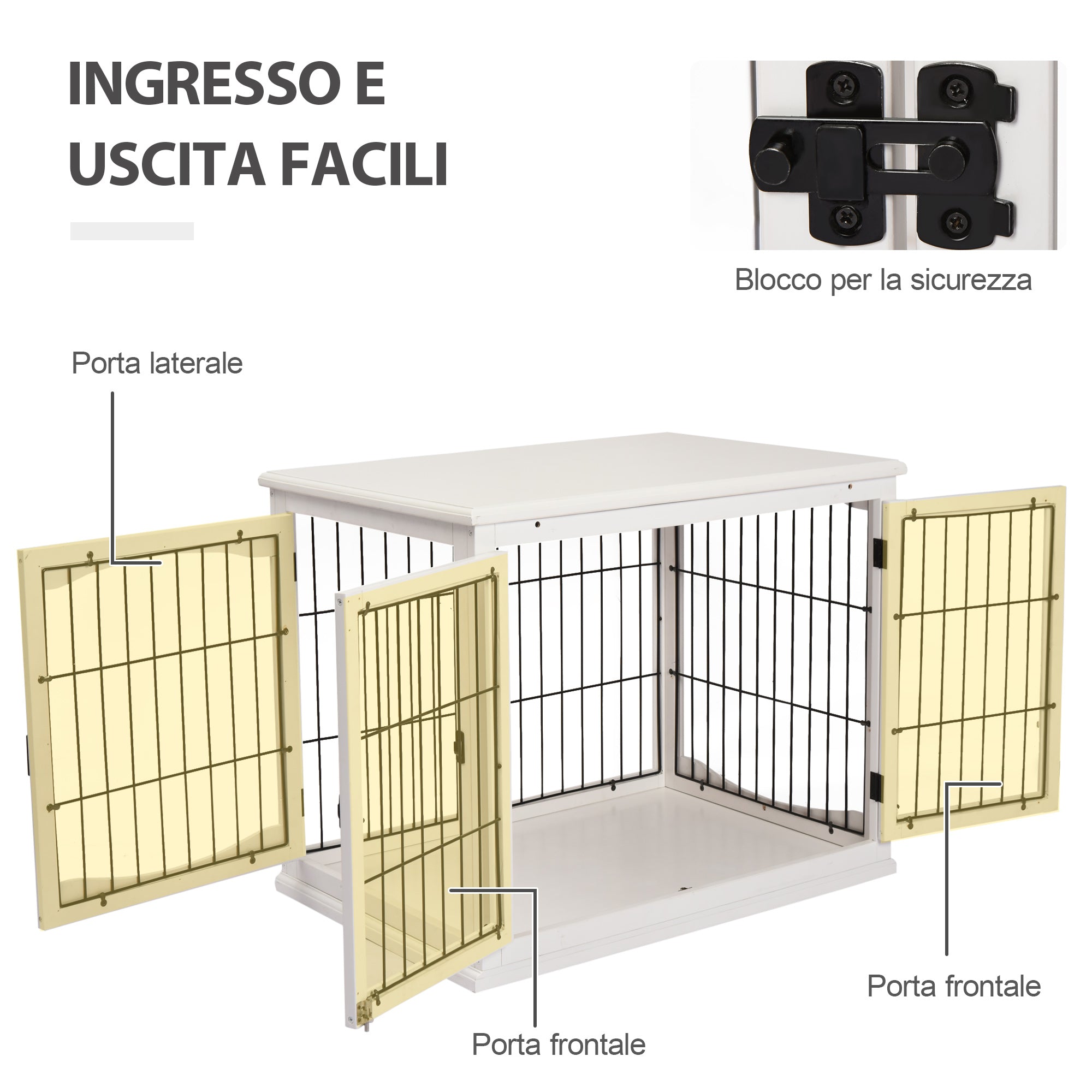 Gabbia per Cani 58,5x81x 66 cm in Legno e Acciaio Bianco