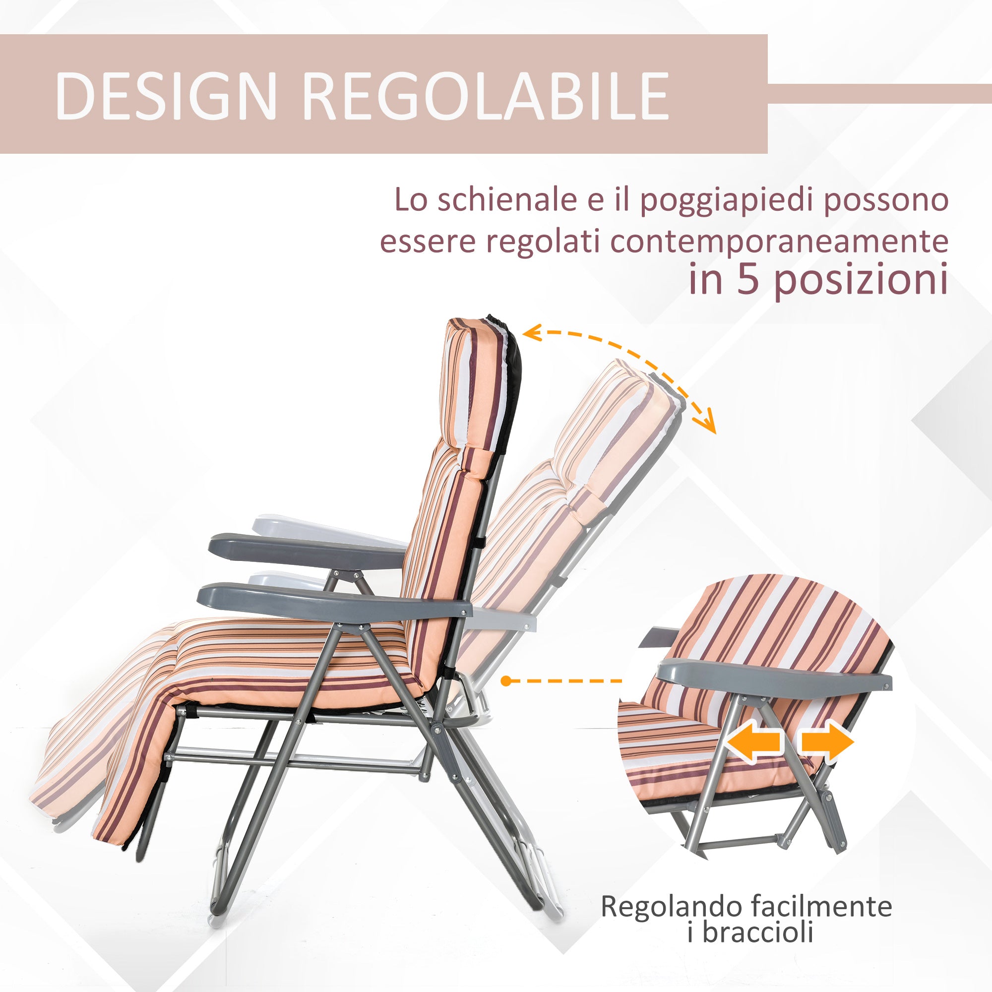 Set 2 Sedie Sdraio da Giardino 60x75x102cm Reclinabile 5 Posizioni con Cuscino Arancione