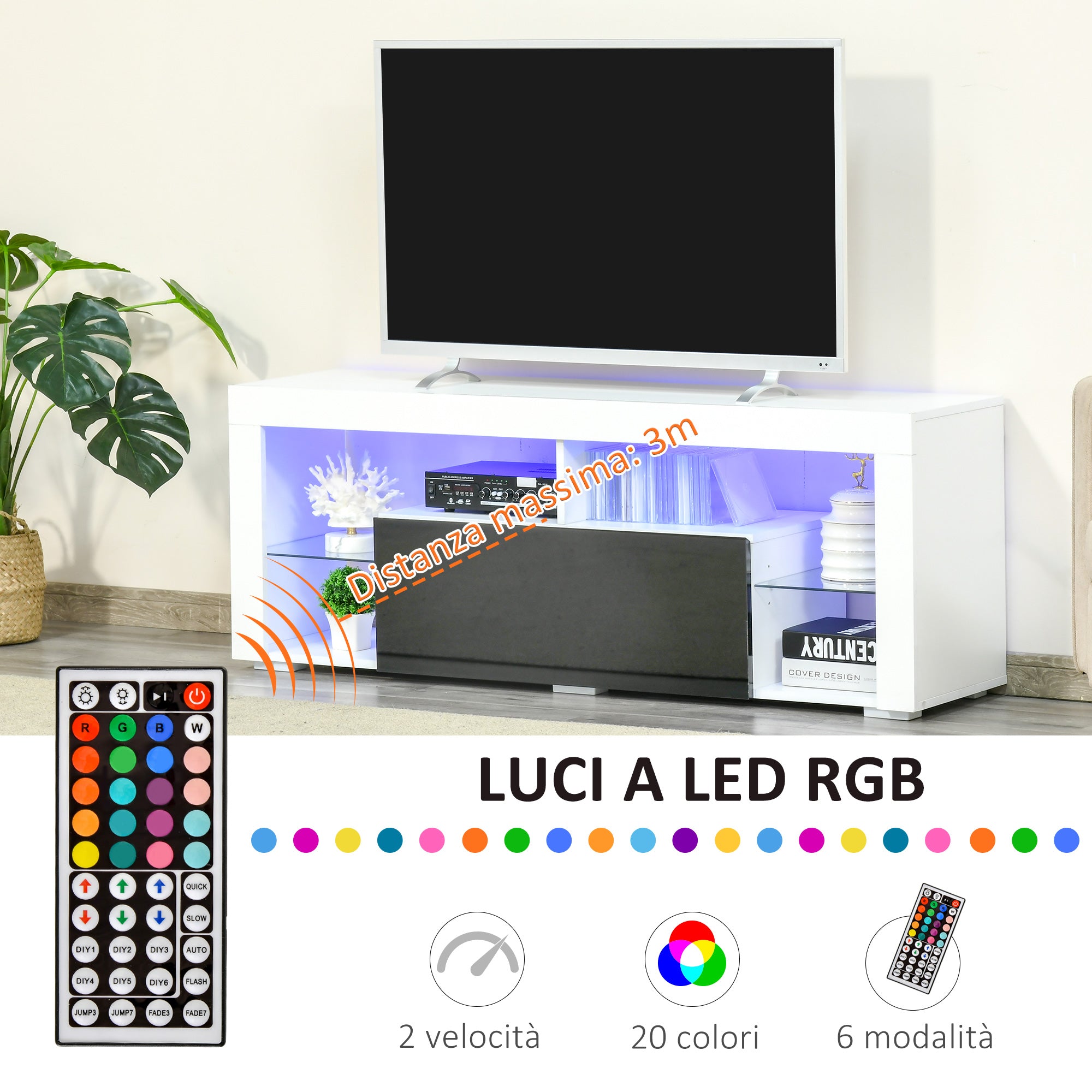 Mobile Porta TV Fino a 55" 140x35x52 cm con Luci LED Bianco