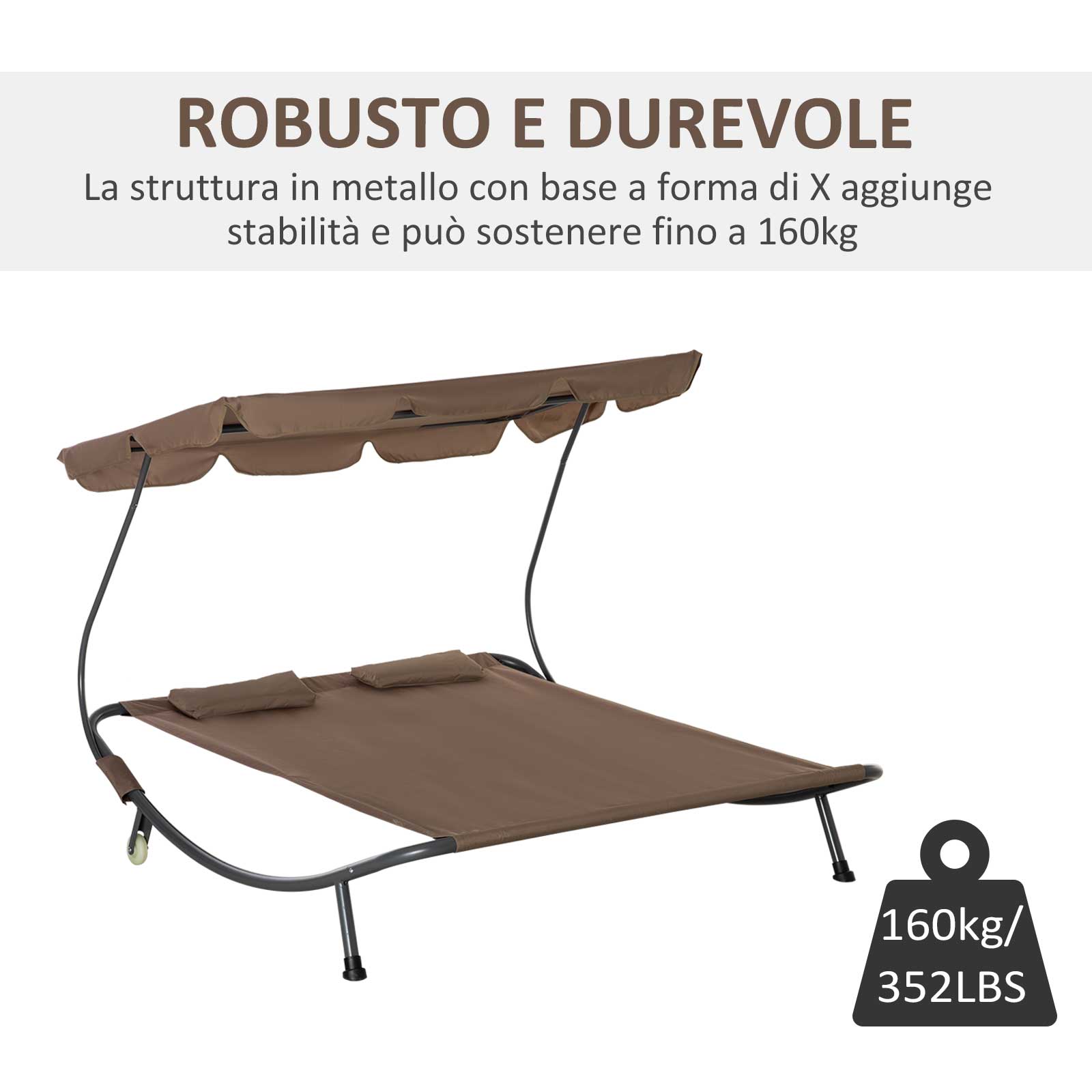 Lettino Prendisole Matrimoniale 2 Posti 200x170x134 cm con Parasole Marrone