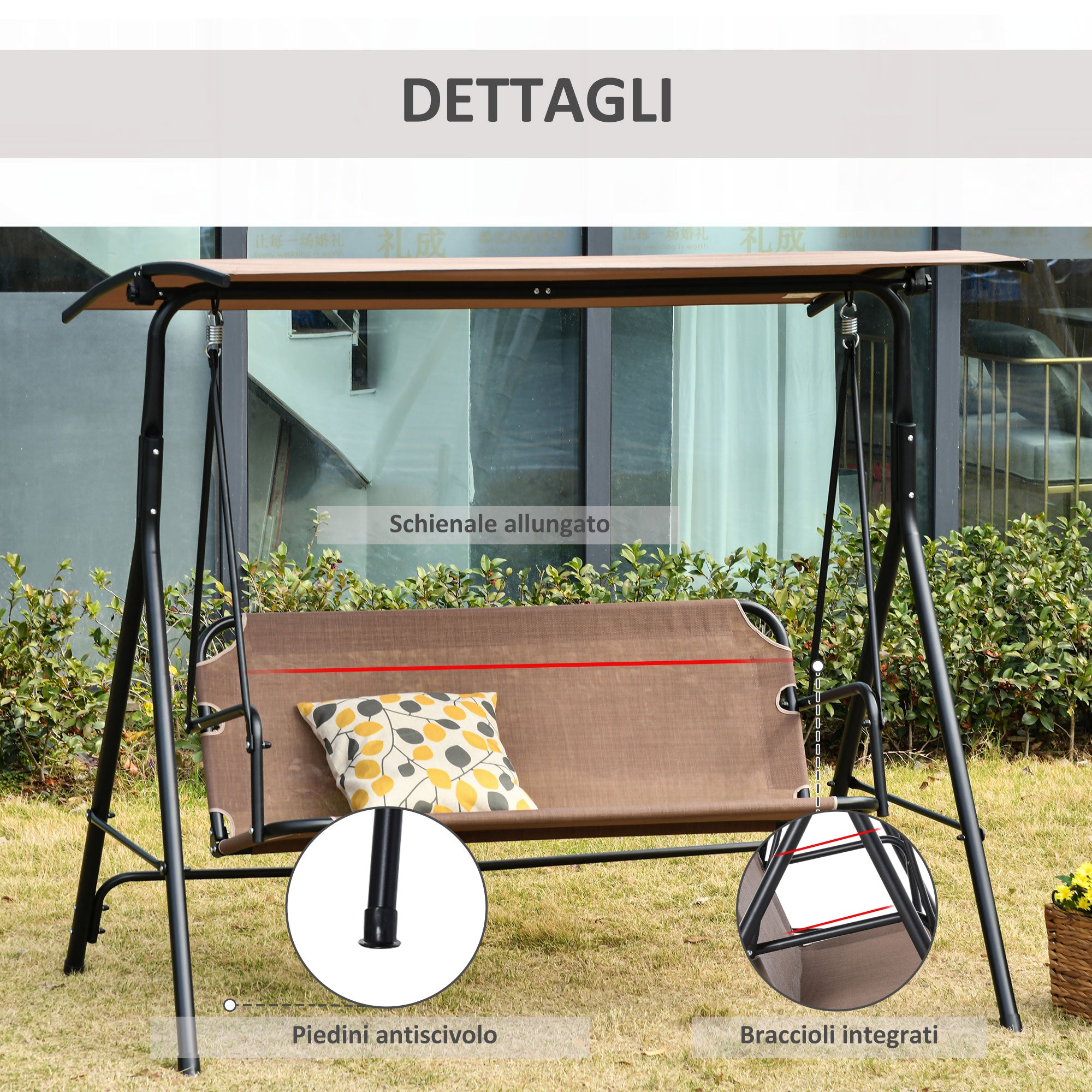 Dondolo da Giardino 3 Posti 172x110x155 cm in Metallo e Texteline Marrone