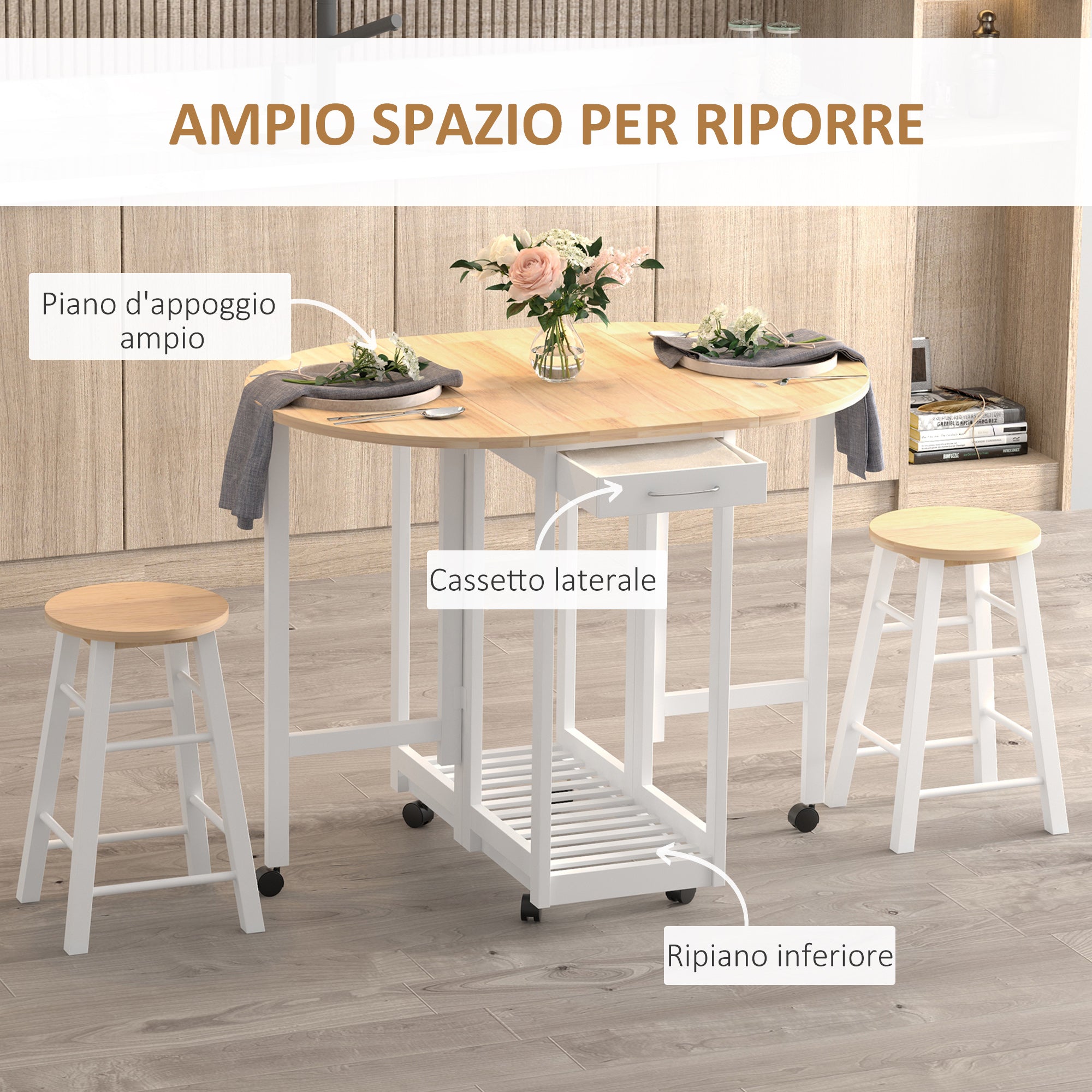 Set Tavolo Pieghevole e 2 Sgabelli Salvaspazio in Legno di Pino e MDF Bianco